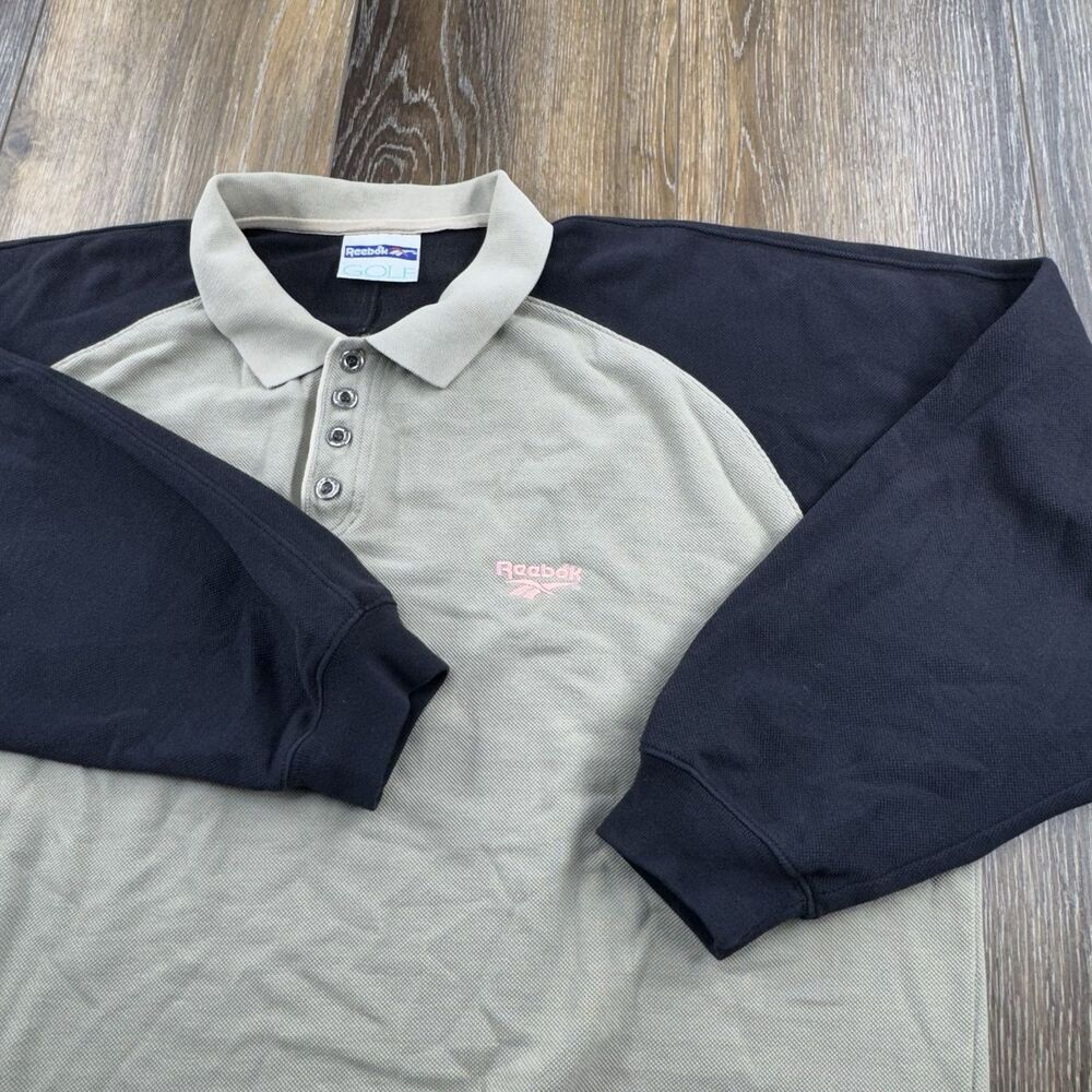 Vintage Reebok Golf Sweatshirt Mens XXL Beige Black Pink Logo Collared Sweater